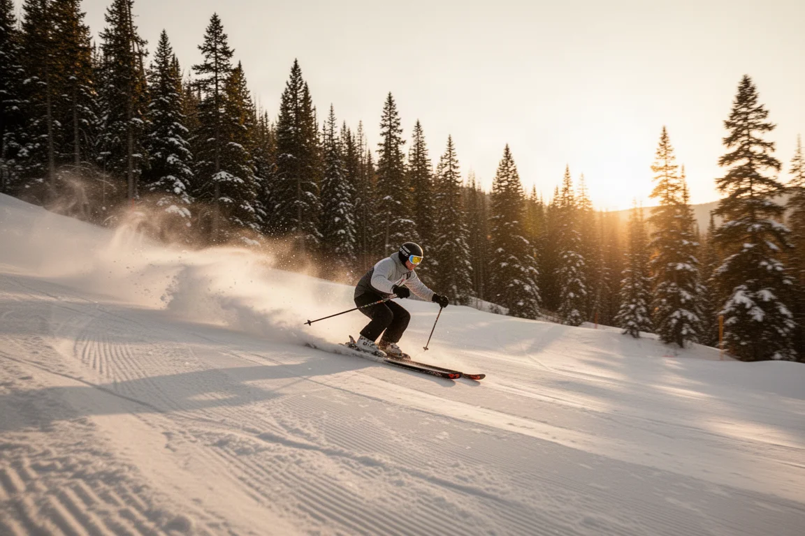 Un skieur enchaînant un long virage sur une piste all-mountain damée à l'heure dorée