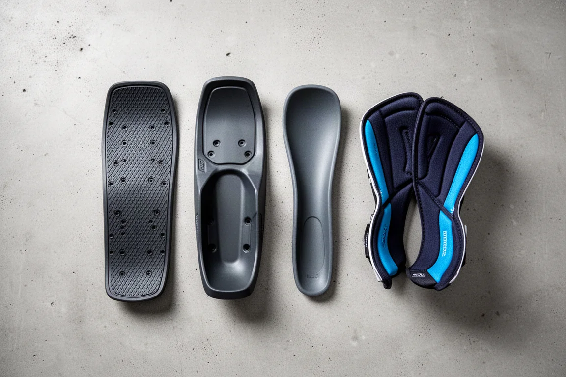 Vue aérienne de deux planches de chaussures de ski, d'une languette thermoformable et d'une paire de chaussons