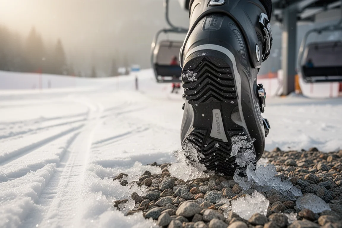 Gros plan sur la semelle de marche d'une chaussure de ski accrochant du gravier verglacé près d'une zone d'embarquement de remontée