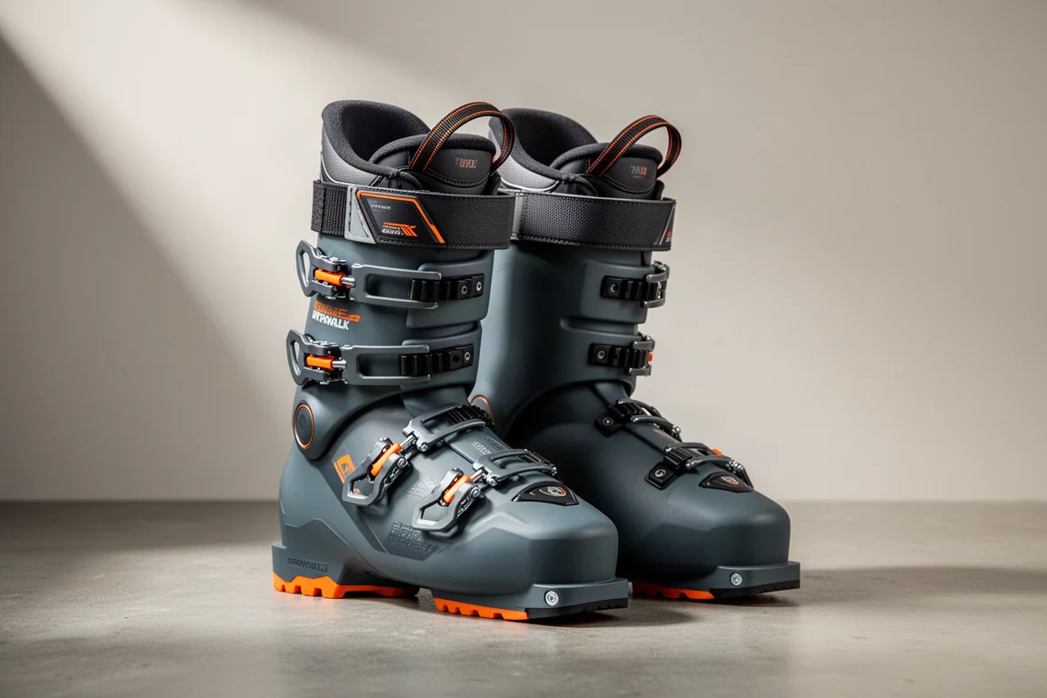 Chaussures de ski all-mountain rigides à quatre crochets et semelles GripWalk sur une surface en béton