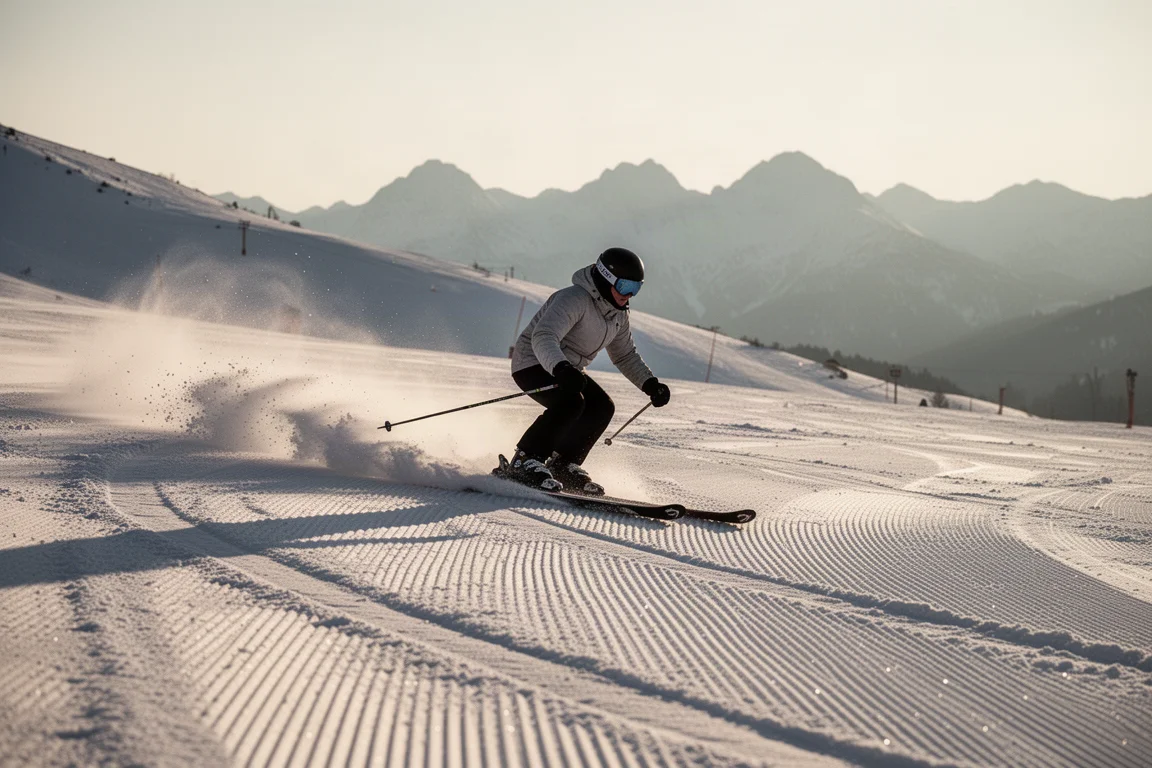 Sciatrice che intaglia una curva su una pista battuta con neve che schizza dai cantoni