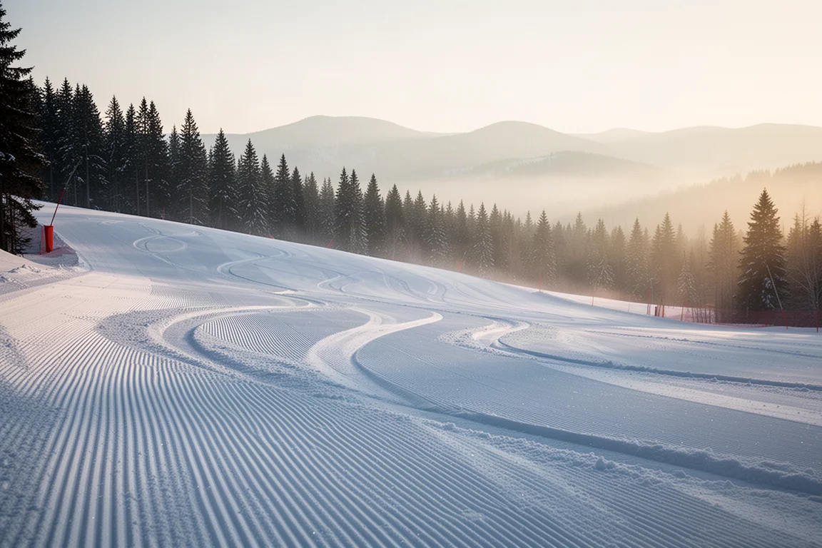 Piste de ski fraîchement damée avec traces de virages sculptés et crêtes montagneuses au lever du soleil