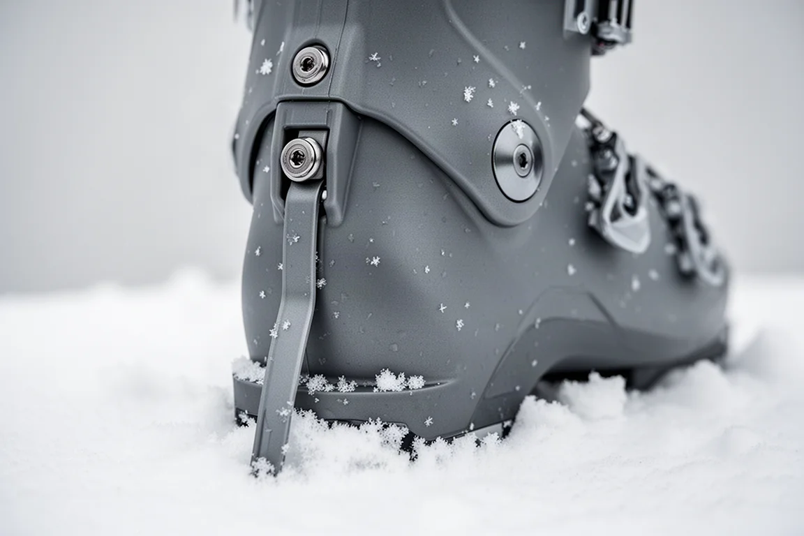 Gros plan sur l'arrière d'une chaussure de ski montrant les fixations de pivot inférieur et une lame flexible
