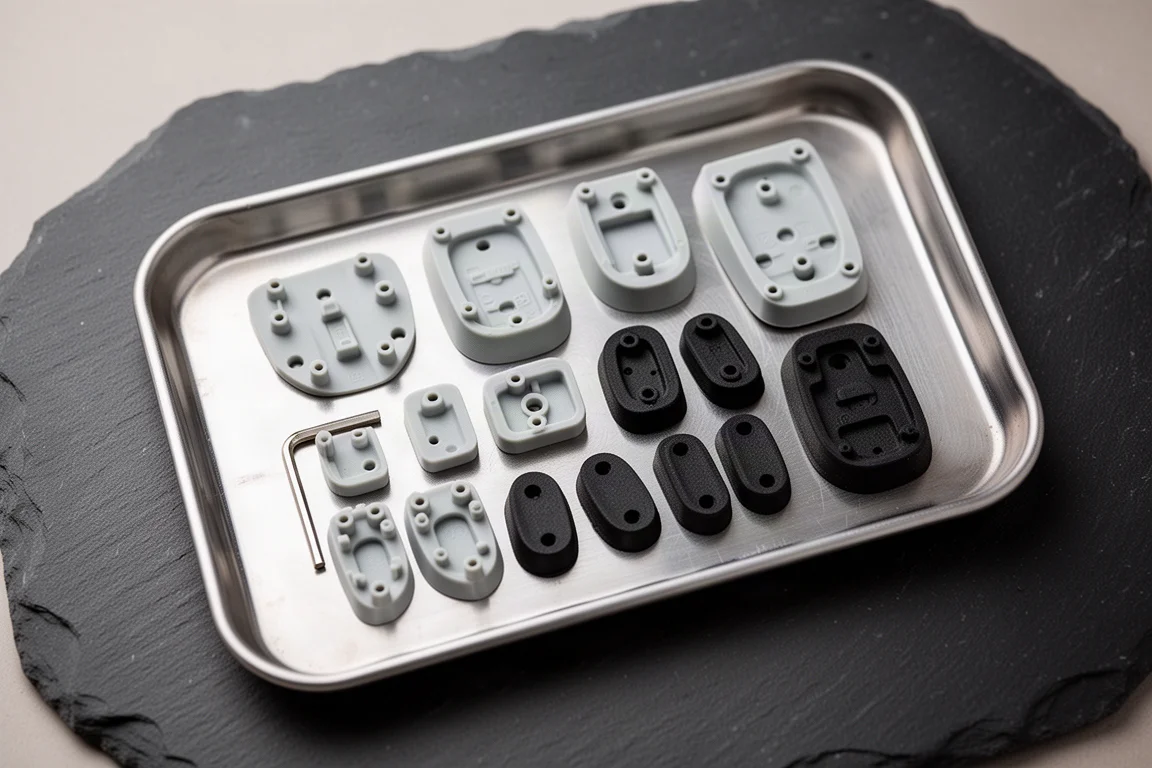 Chaussons interchangeables en plastique gris et caoutchouc noir avec une clé Allen, présentés à plat