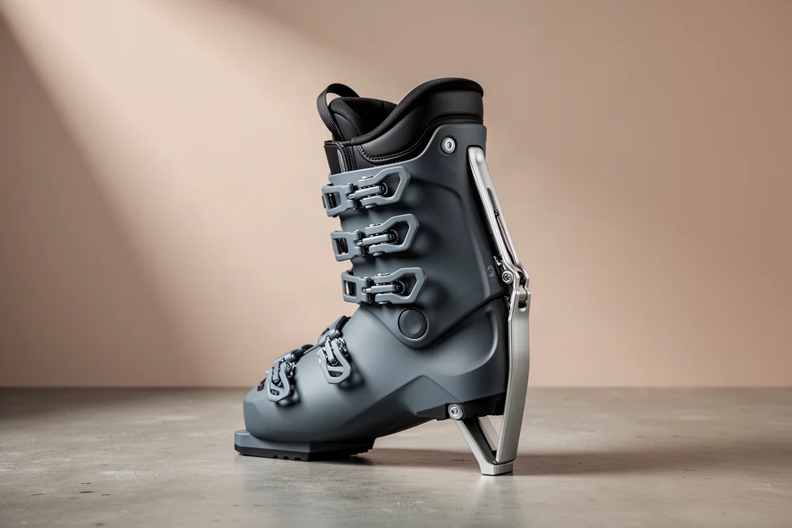Four-buckle overlap ski boot photographed from a rear three-quarter angle on concrete