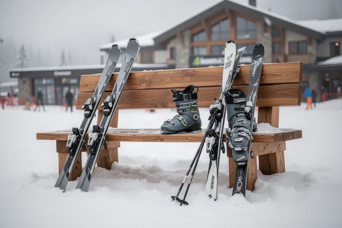 滑雪靴與雪板靠在雪地基地區的長椅旁