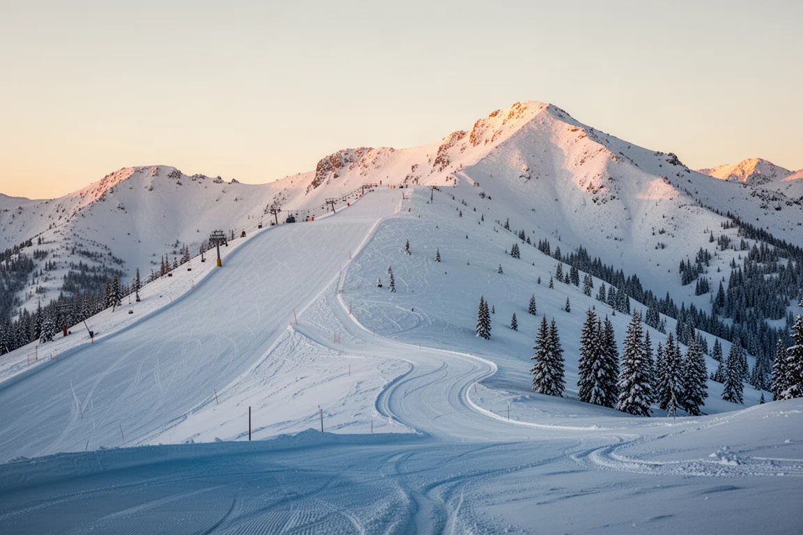 Verschneiter Bergrücken bei Sonnenaufgang mit präparierter Piste und dahinter liegenden Skitourenhängen