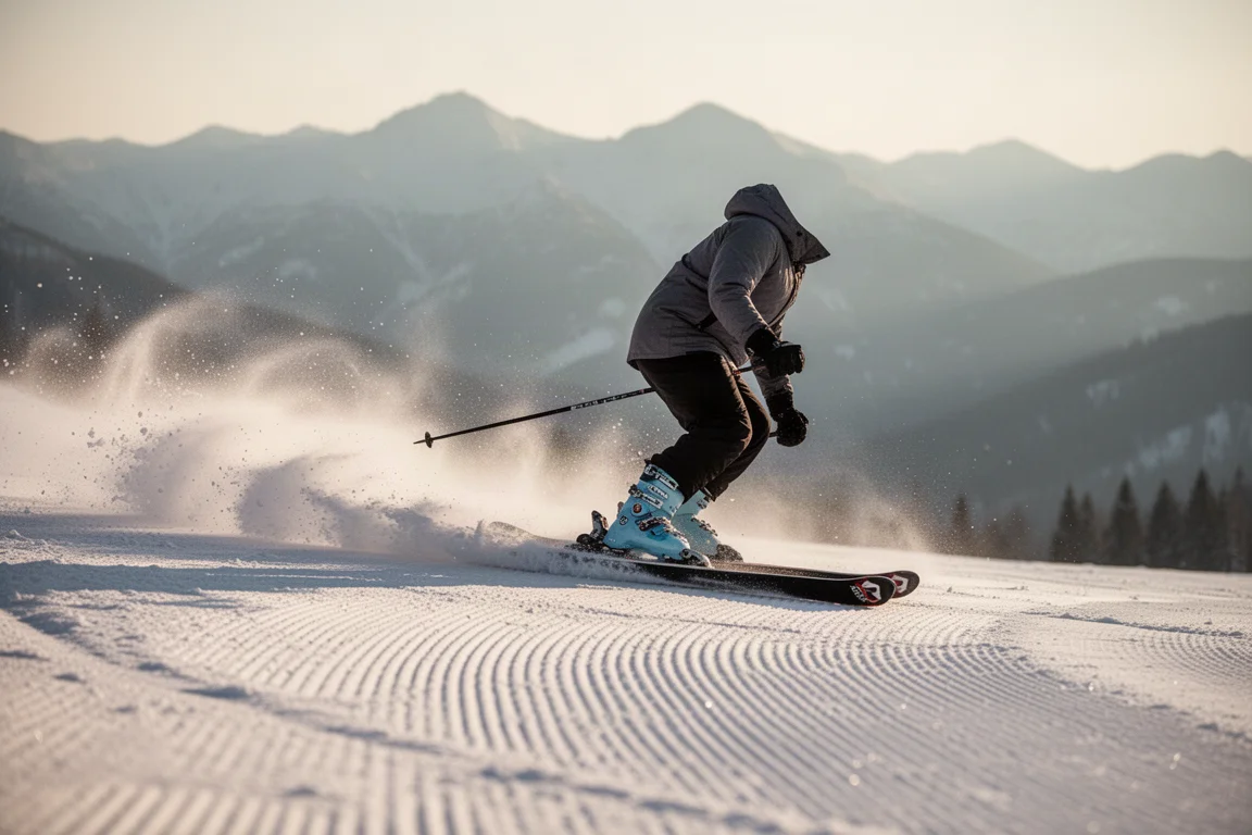 Skifahrer zieht eine Kurve auf präparierter Piste mit Schneegischt im Nachmittagslicht