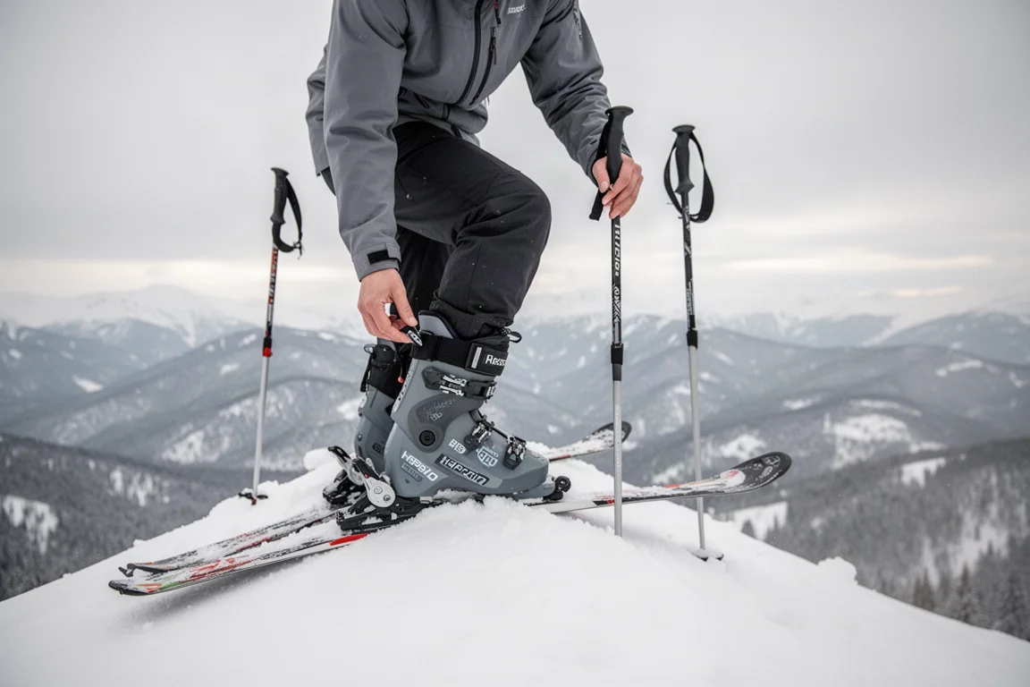 Skifahrer stellt den Gehmodus-Hebel eines hybriden Schuhs auf einem verschneiten Graten mit Tourenausrüstung ein
