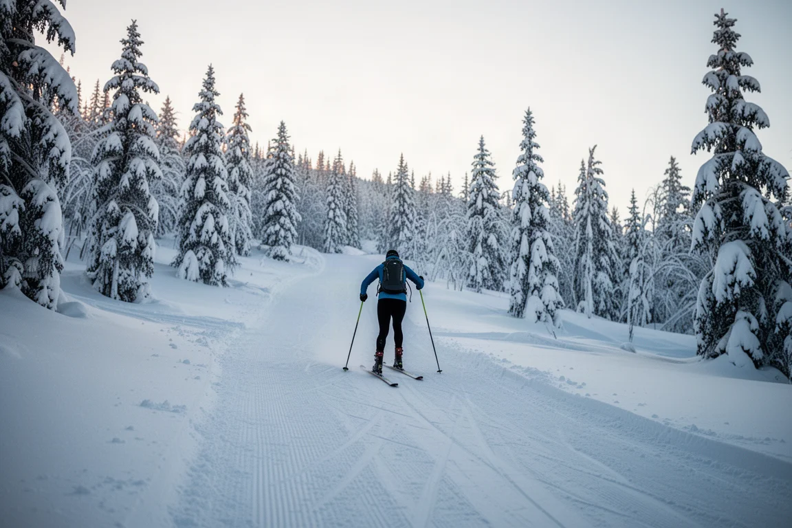 黎明時分，滑雪者鋪著登山皮在壓雪徑上向上行，兩旁樹木披雪