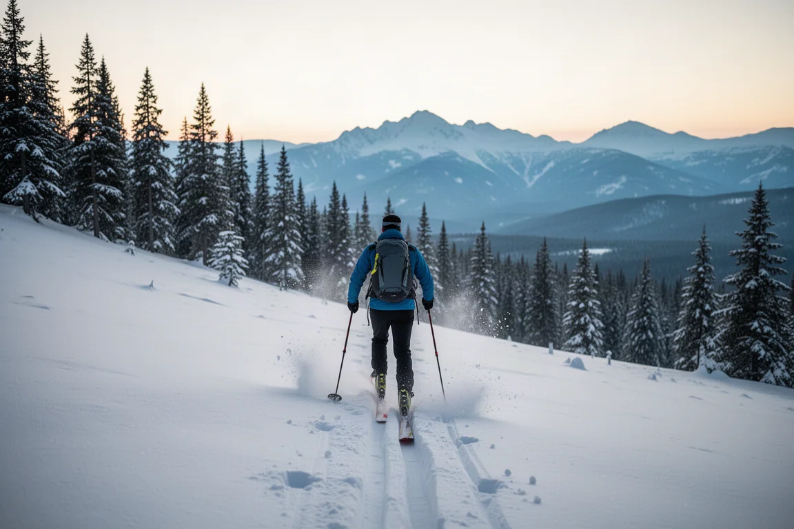 滑雪touring者在清晨柔雪中向上攀登，背后是连绵群山