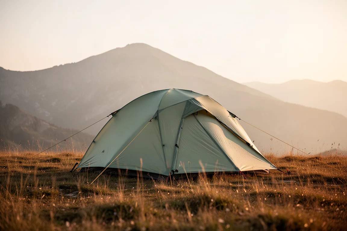 黃昏時分小型兩人登山杖帳篷內部,鋪著兩張睡墊