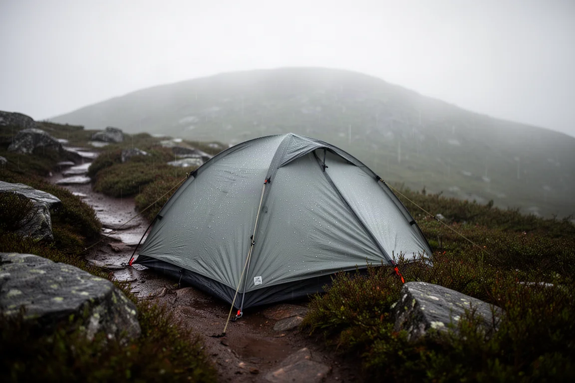 登山杖帳篷搭設於高山草原上,正值黃金時刻,登山杖置於一旁