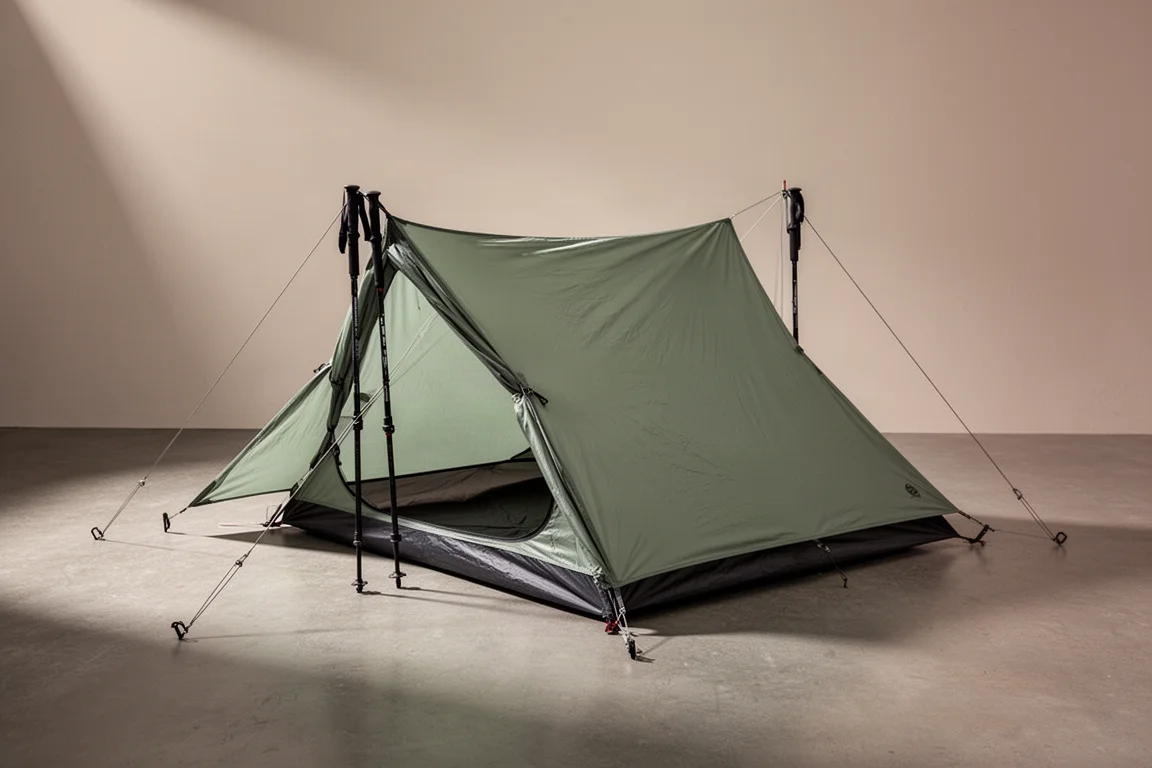 Sage green single-wall trekking pole backpacking tent pitched on a neutral concrete surface