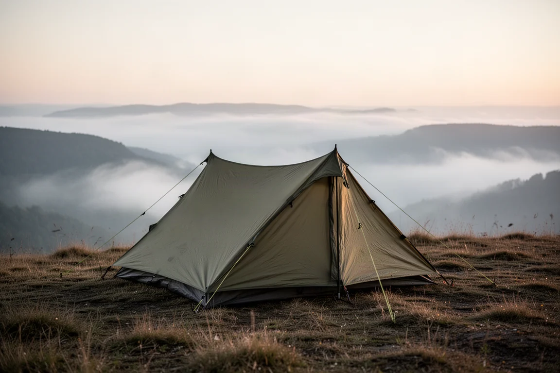 Abri ultraléger à simple paroi monté sur une crête herbeuse au crépuscule, avec la lueur d'une lampe frontale à l'intérieur