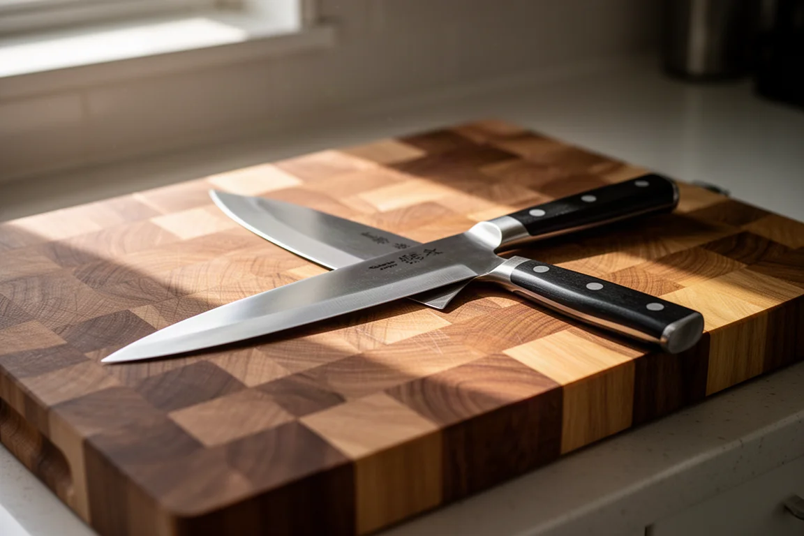 Tábua de corte de topo (end-grain) com uma faca de chef apoiada sobre a superfície em luz suave de cozinha