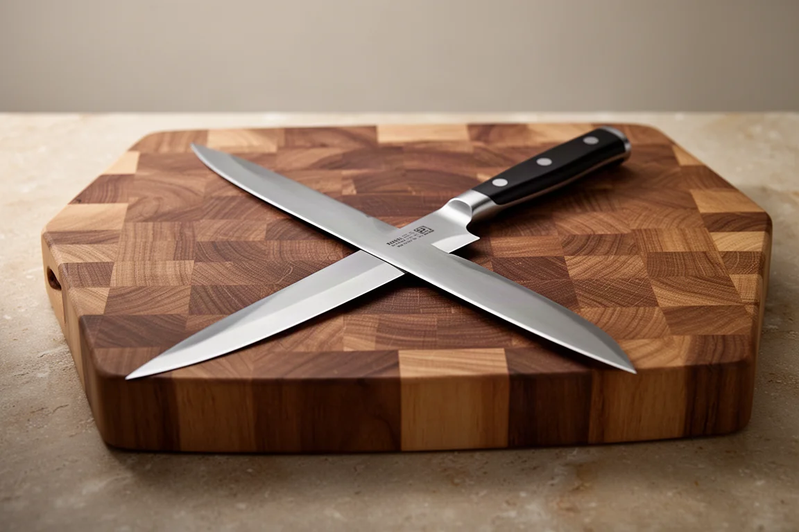 Cena de bancada de cozinha iluminada com duas tábuas de corte de topo (end-grain) de tamanhos diferentes