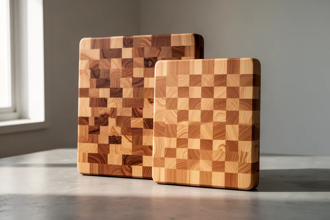 Two end-grain larch cutting boards of different sizes on a concrete kitchen surface
