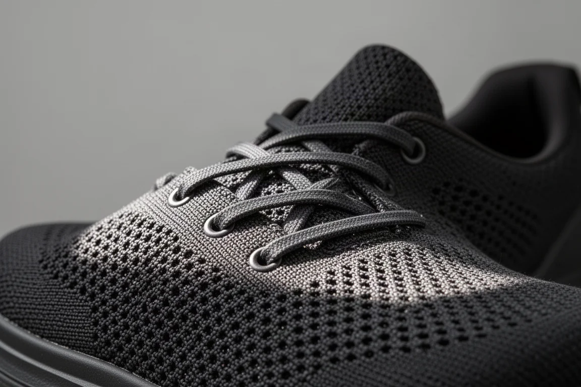 Zbliżenie na ciemną dzianinową cholewkę sneakersa pokazującą fakturę oddychającego splotu