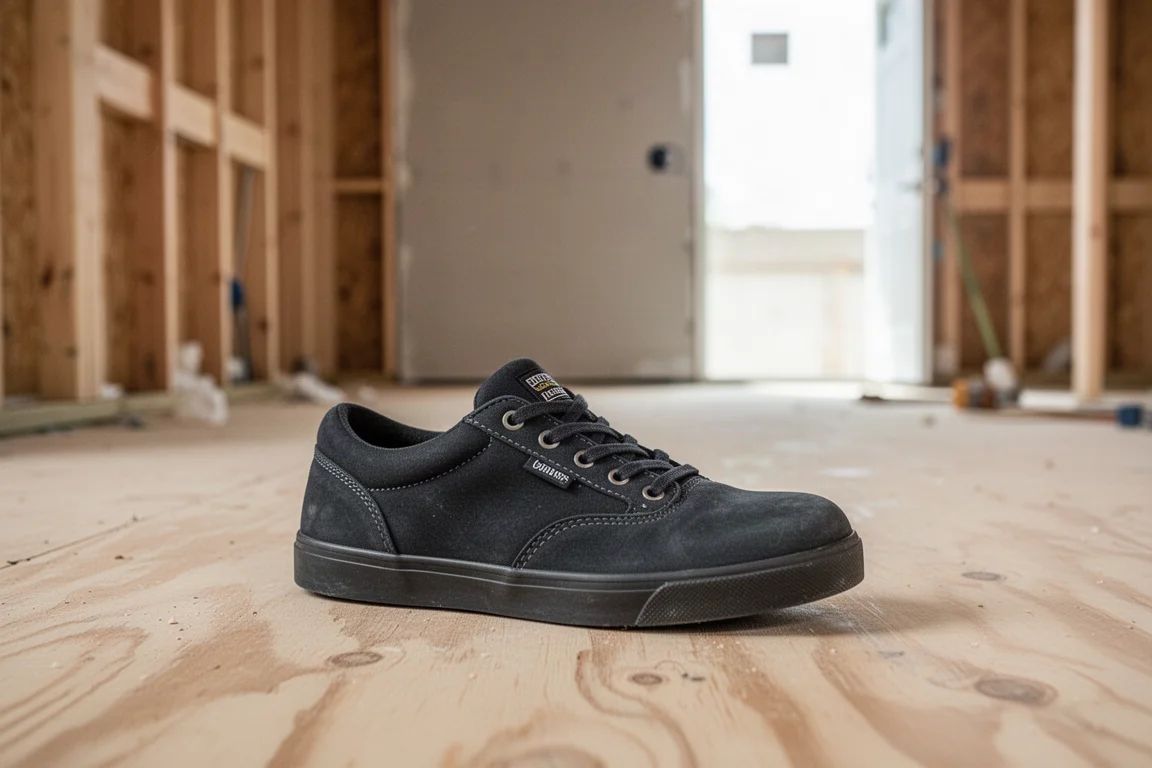 Sneakers roboczy leżący na świeżej podłodze placu budowy obok odsłoniętej konstrukcji szkieletowej