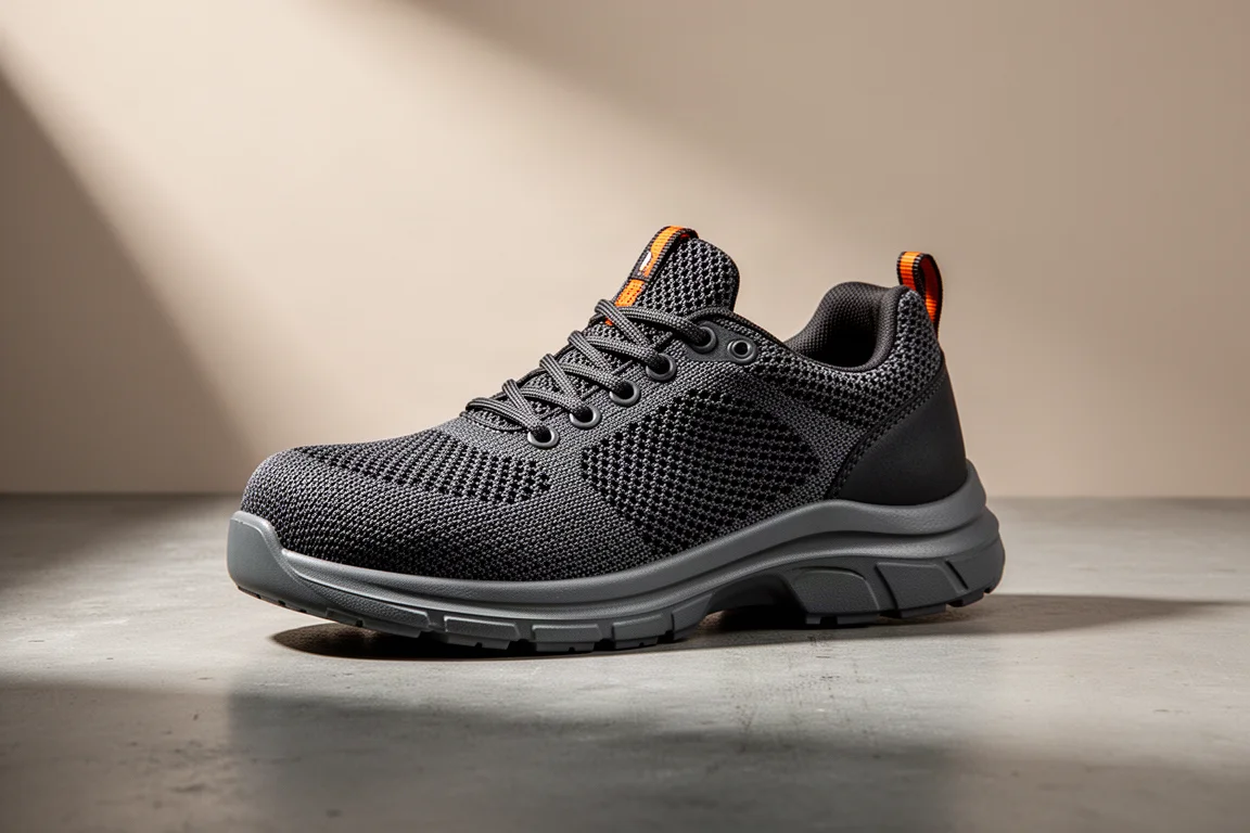 Dark knit mesh composite toe work sneaker on a matte concrete surface