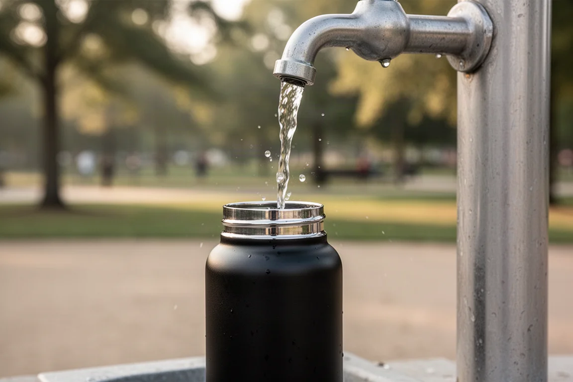 水壺正在公園的公共飲水機裝水