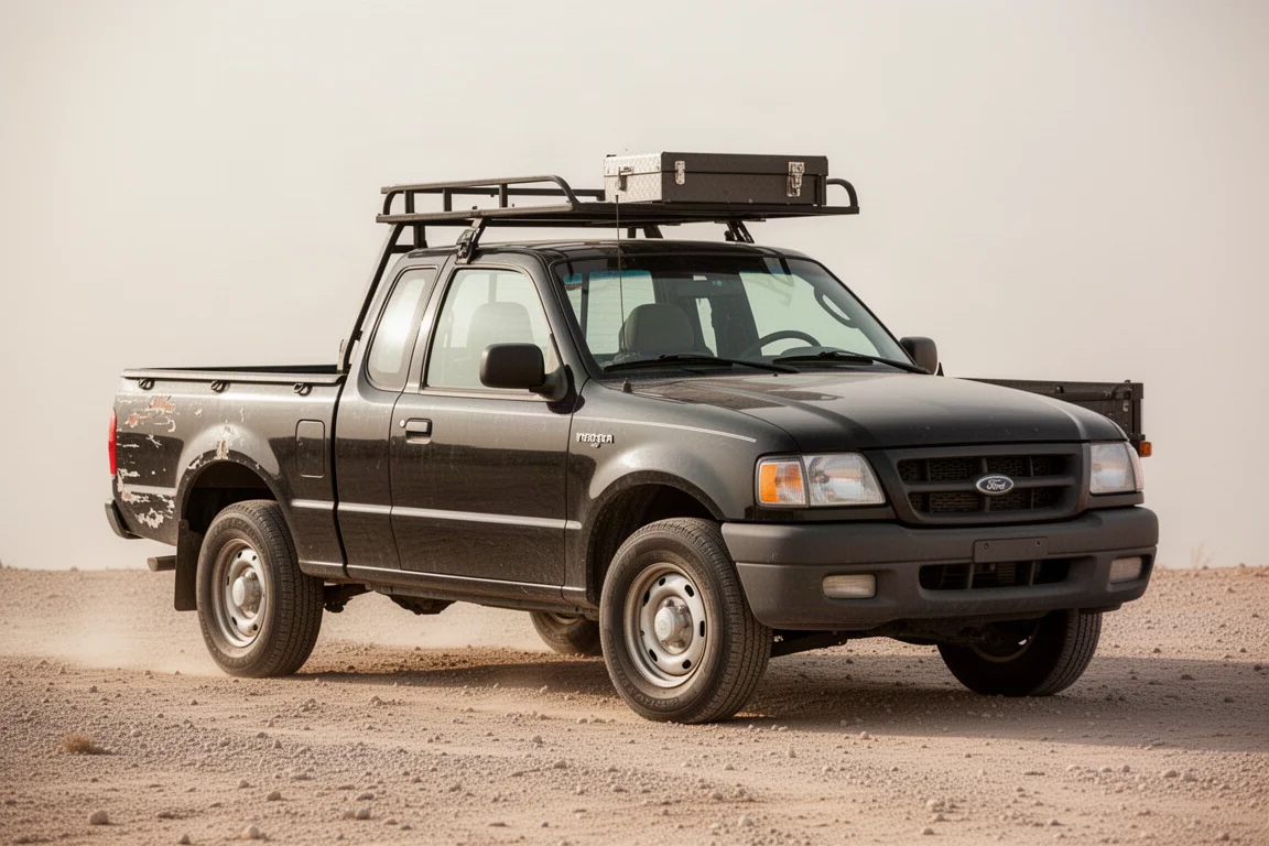 Pickup Ford Ranger con portabagagli parcheggiata in un lotto d'asta polveroso