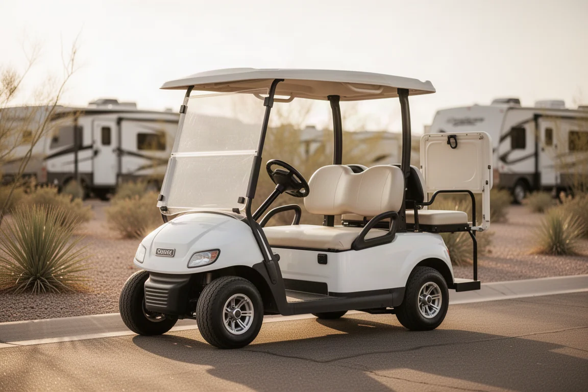 Golf cart parcheggiato su asfalto fuori da una comunità di RV nel deserto