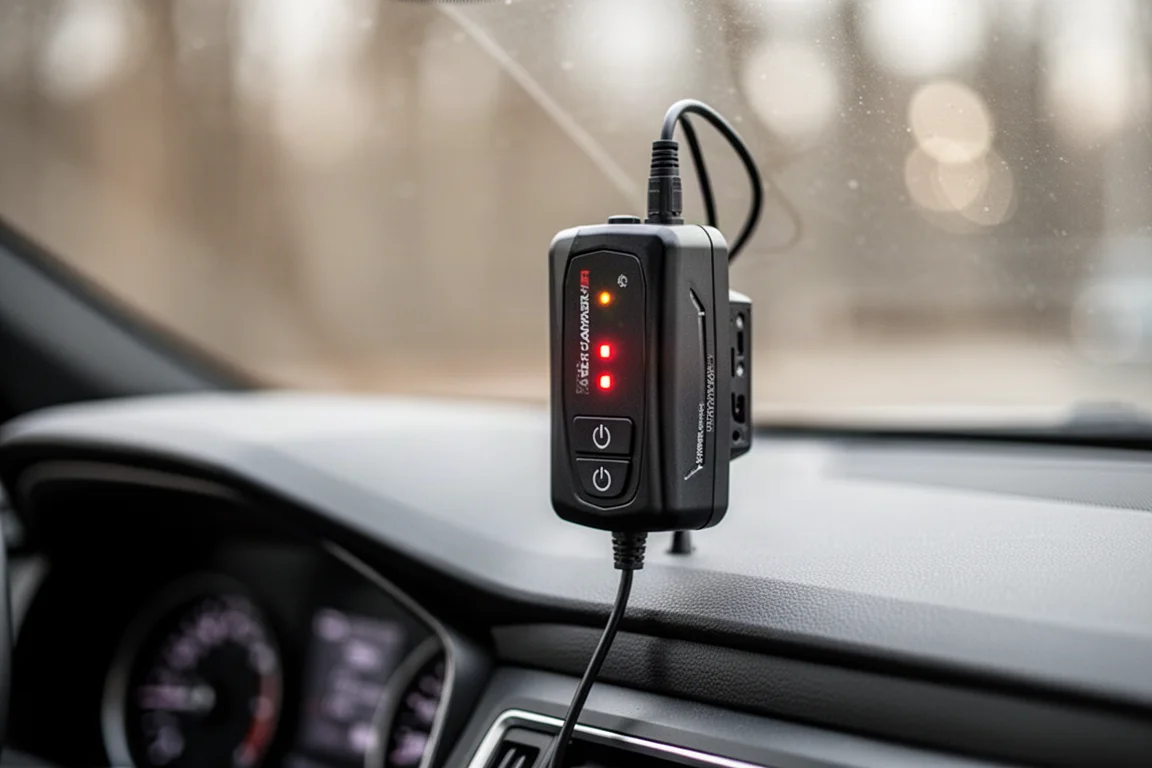 汽車內部雷射干擾器控制模組特寫，帶有LED指示燈