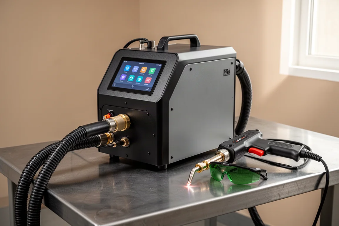 Laser Lab X1 Pro laser welder unit with touchscreen, hose, welding gun, and green safety goggles on a workbench