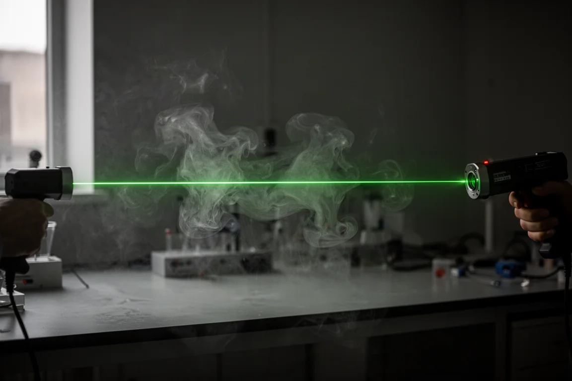 A green laser beam cutting through fog in a dim room