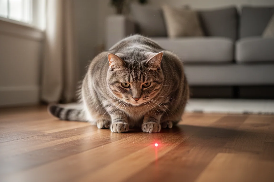 A cat chasing a red laser dot across a wooden floor