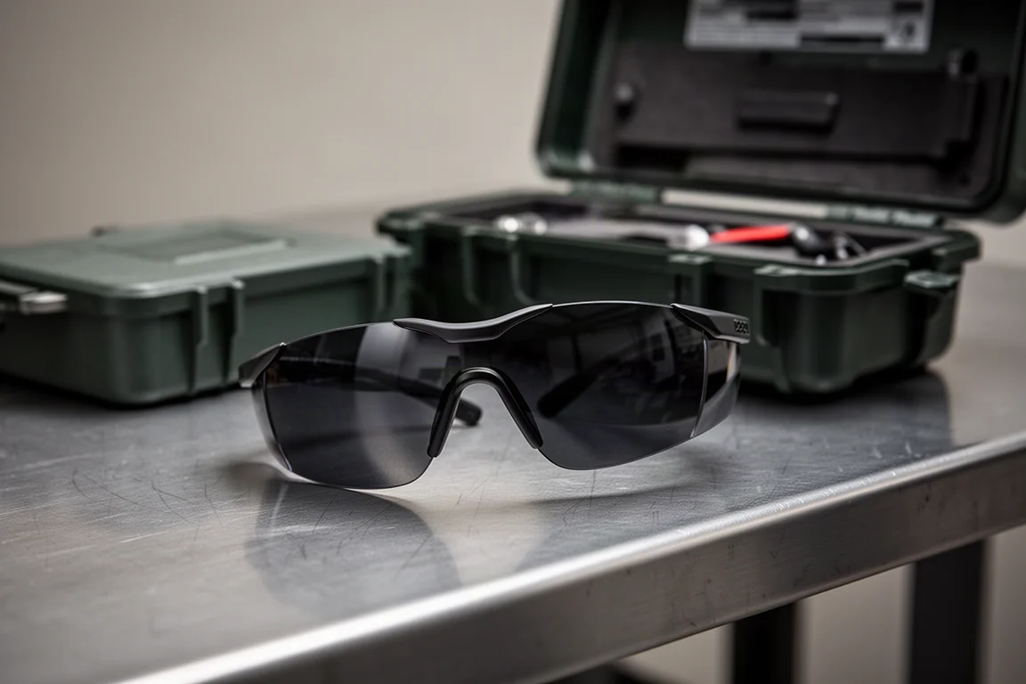 Laser safety goggles resting on a workbench