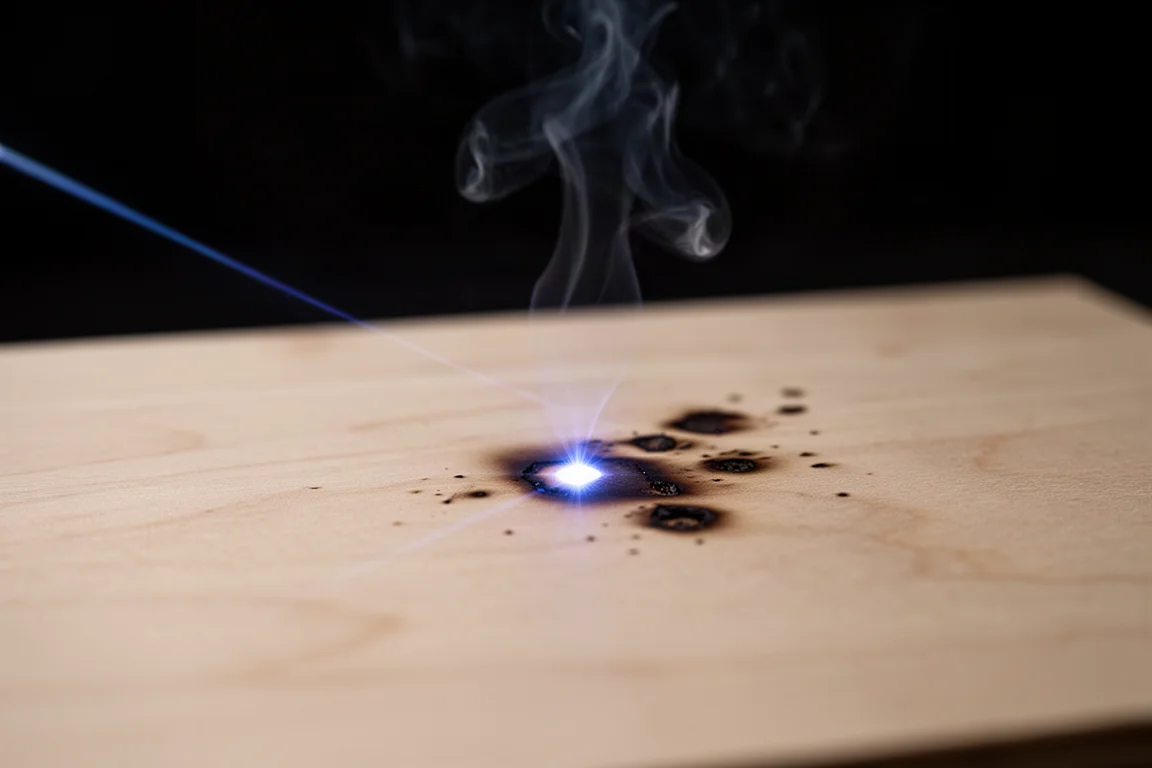 A laser dot scorching marks into a wooden board
