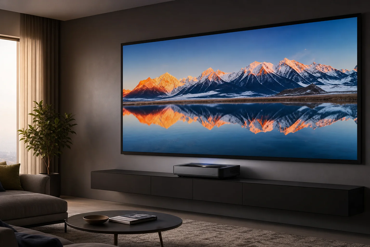 Configurazione Laser TV con proiettore e schermo a reiezione della luce ambientale che mostra un'immagine luminosa