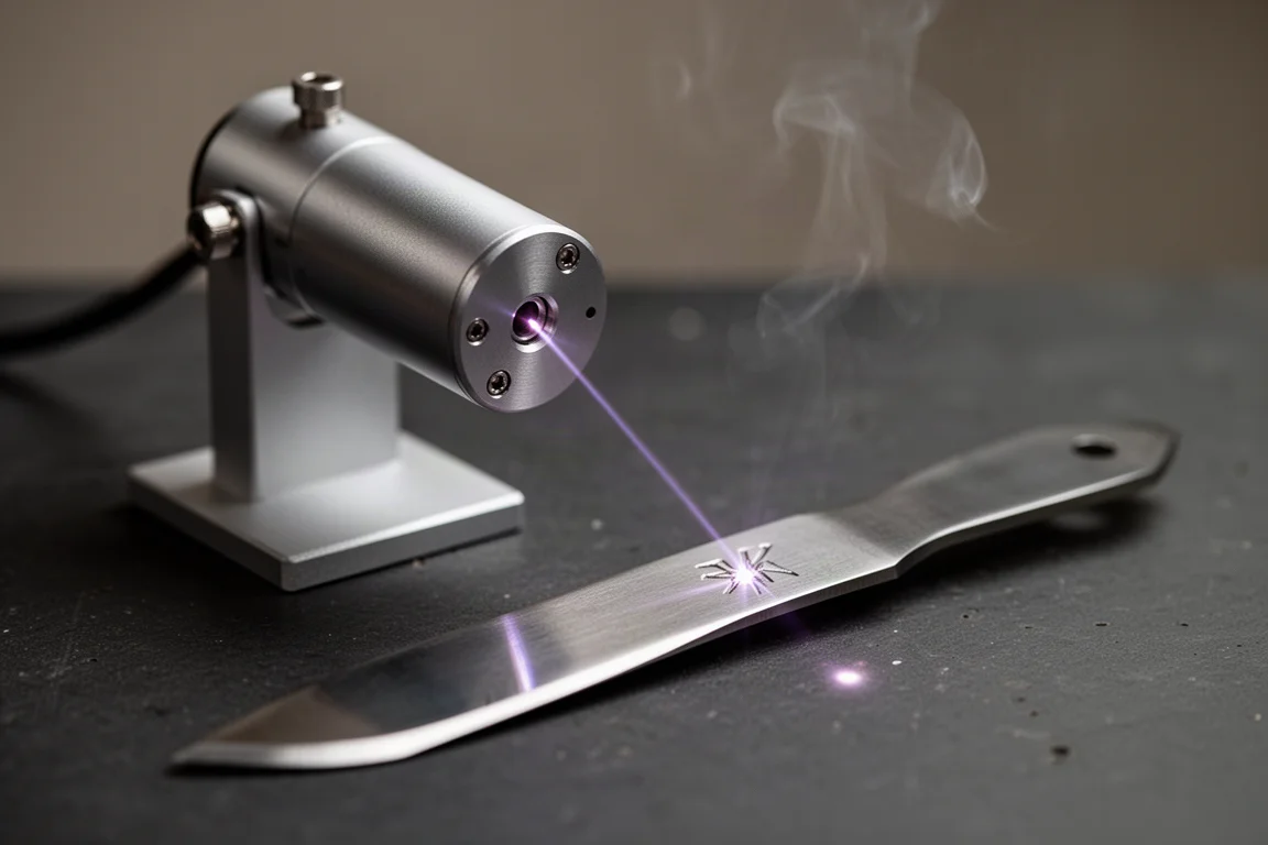 Laser engraver etching a logo onto a stainless steel blade with a bright focal point