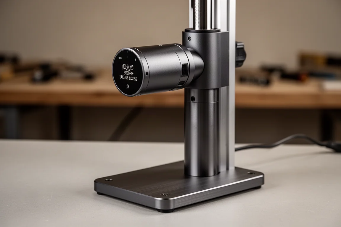 Anodized aluminum stand with height adjustment supporting a compact laser engraver