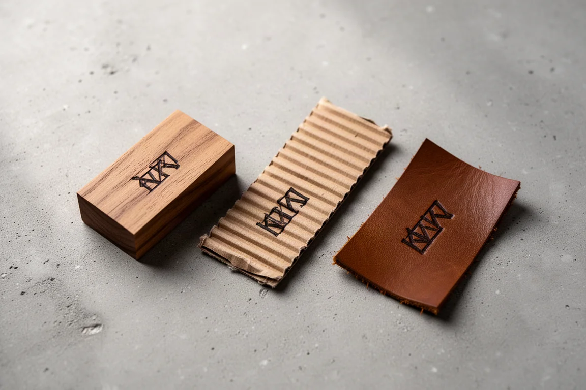 Engraved logo detail on wood and cardboard test pieces