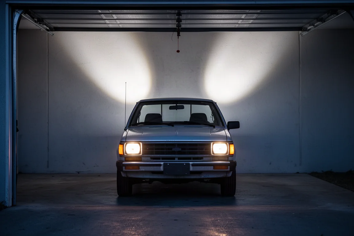 Faro di un camion che proietta un fascio bianco brillante su una parete del garage
