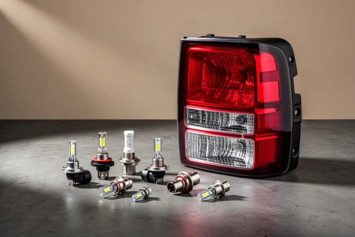 Automotive LED bulbs and a truck tail light assembly on a concrete surface