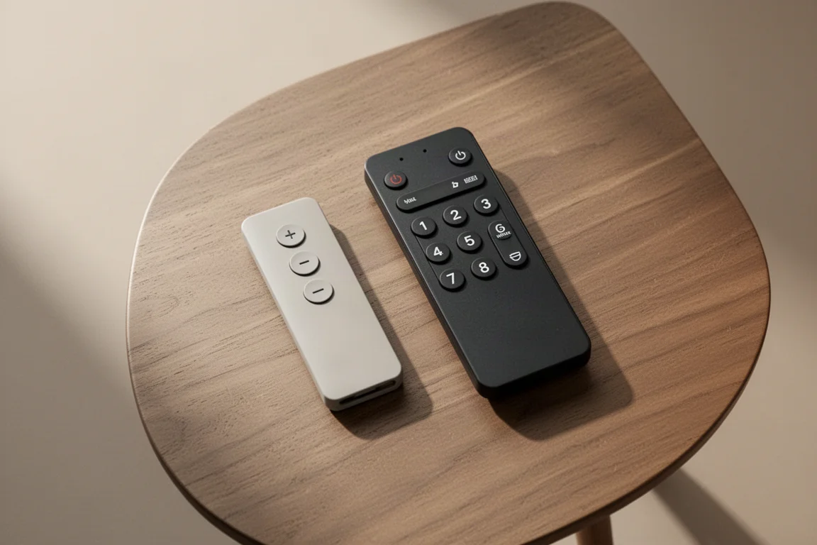 Due telecomadi appoggiati uno accanto all'altro su un tavolo di legno