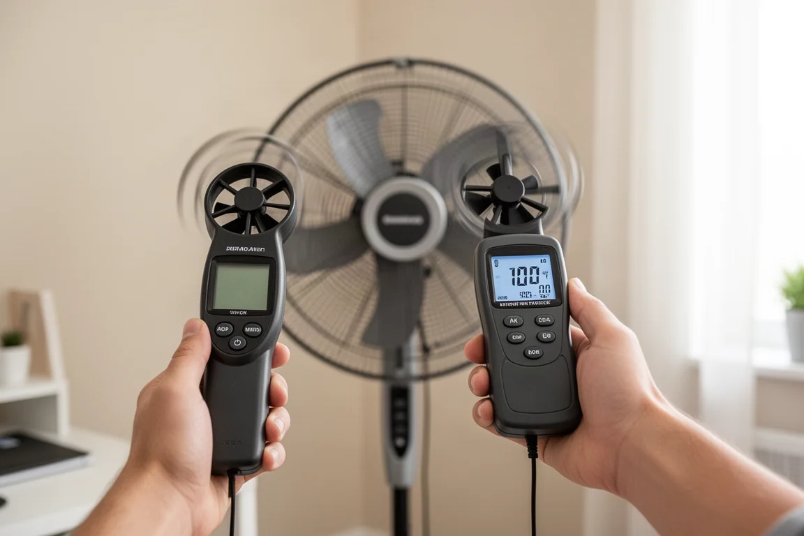 Anemometro che misura la velocità del vento davanti a una ventola in una stanza luminosa