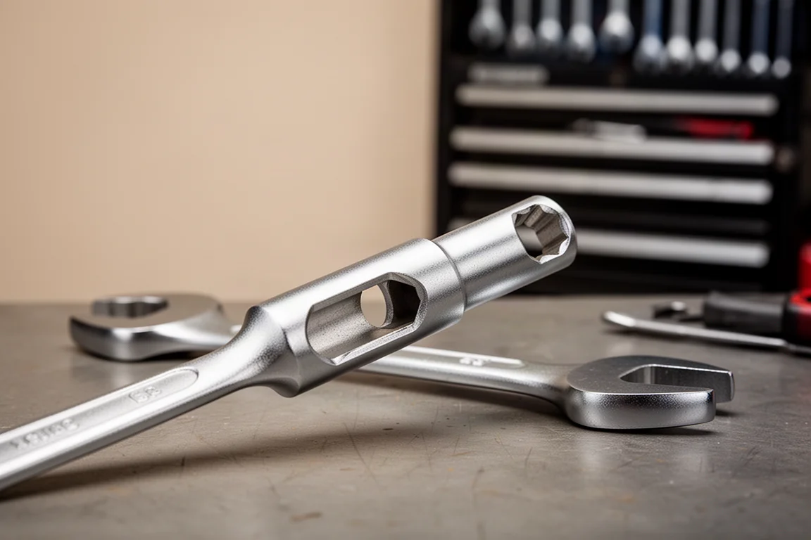Wrench extender over de greep van een grote ringsleutel geplaatst