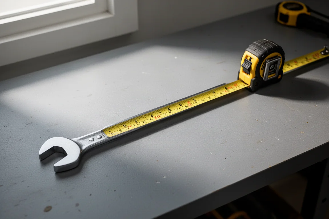 Meetlat controleert de stalen lengte van de greep van een wrench extender