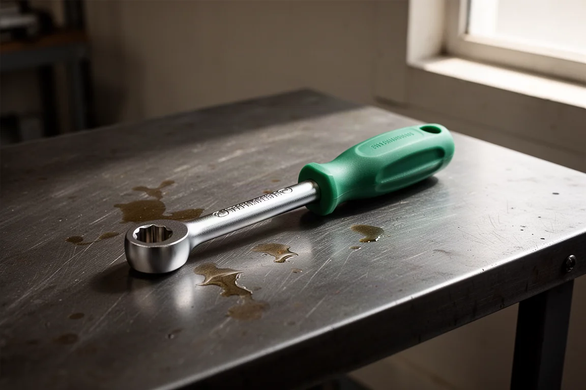 Wrench extender met groene greep liggend op een donker stalen werkbank