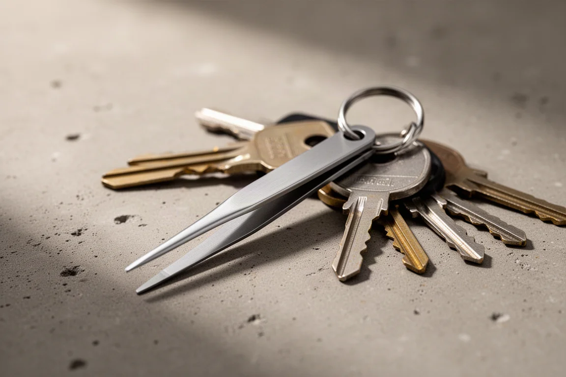 Pinces à épiler fines en titane posées sur un porte-clés à côté de clés de maison