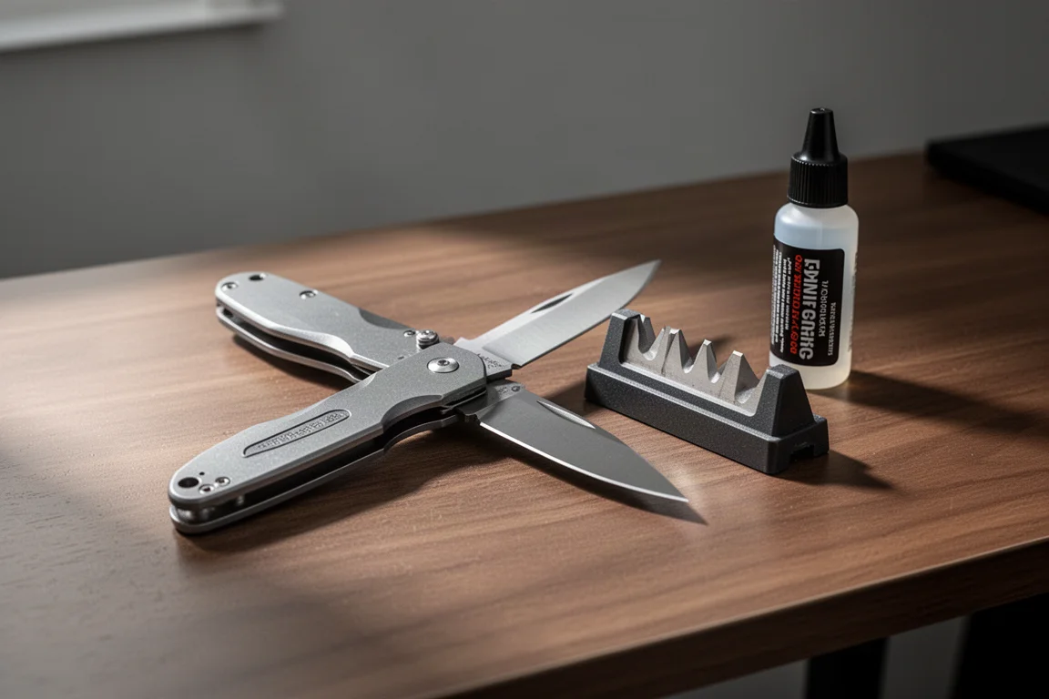Couteau de poche entretenu sur un bureau en bois avec de petits outils