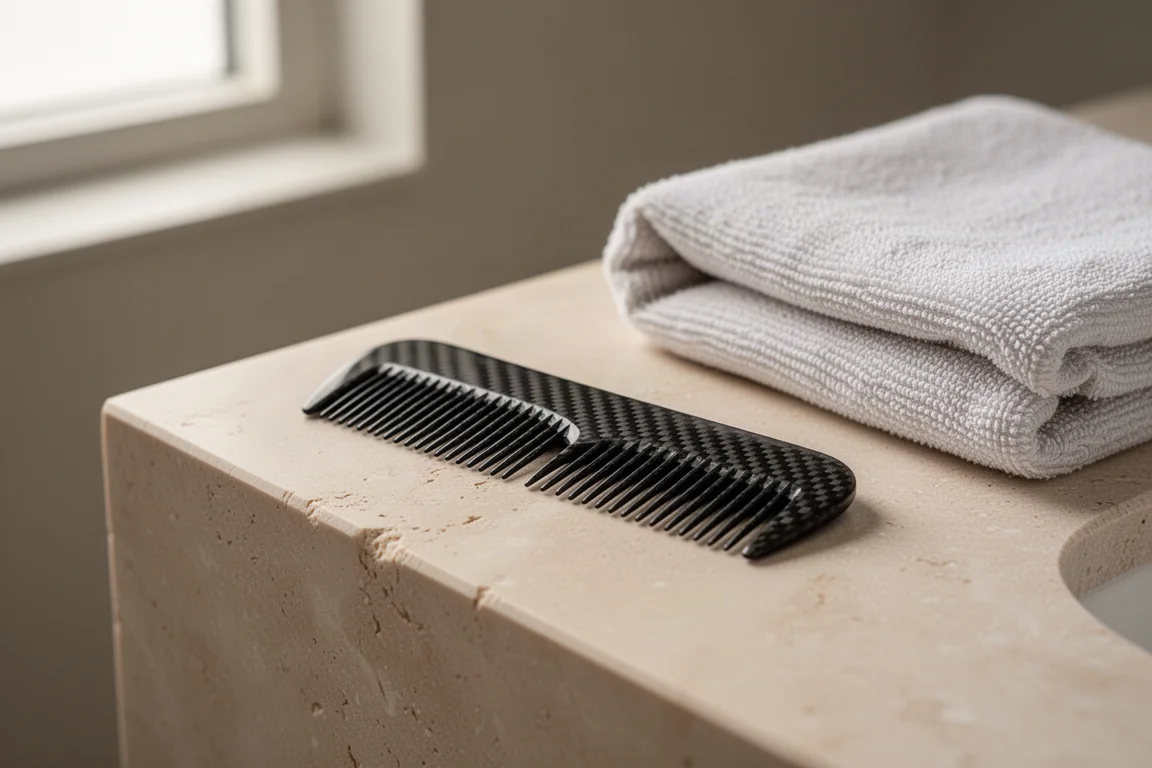 Peigne à barbe en fibre de carbone posé sur un plan de salle de bain