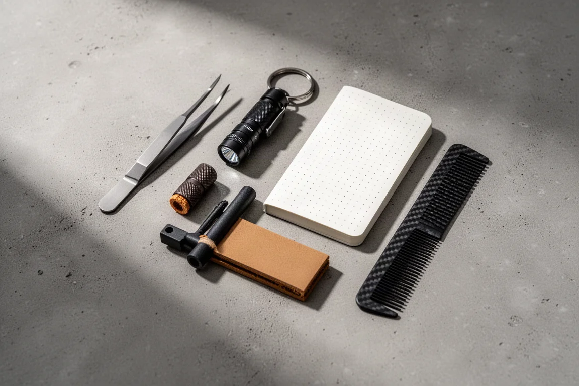Flat-lay of small EDC gift items including tweezers, a keychain light, a notebook, a fire striker, and a comb