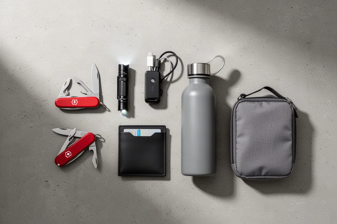 Flat-lay of everyday carry gifts including a pocket knife, flashlight, wallet, and flat water bottle